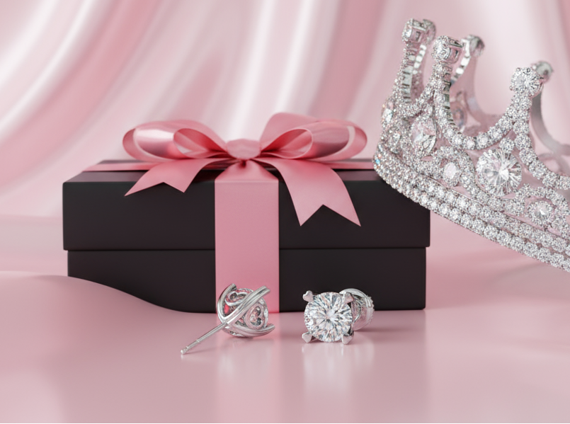 Silver tiara, earrings, and a black gift box with pink ribbon on a pink fabric background